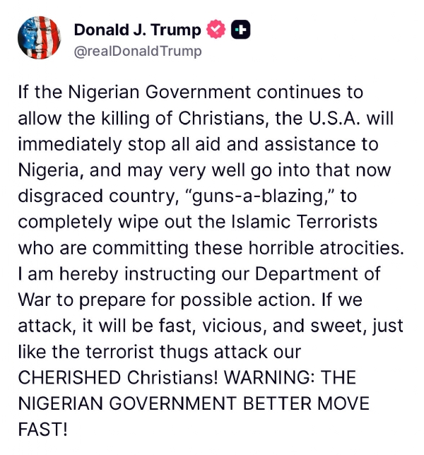 ਟਰੰਪ ਨੇ ਨਾਈਜੀਰੀਆ ਨੂੰ ਦਿੱਤੀ ਧਮਕੀ ਟਰੰਪ ਨੇ ਨਾਈਜੀਰੀਆ ਨੂੰ ਦਿੱਤੀ ਧਮਕੀ