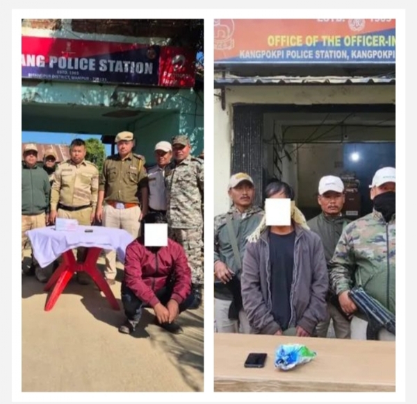 ਮਣੀਪੁਰ ਵਿੱਚ ਦੋ ਵੱਖ-ਵੱਖ ਕਾਰਵਾਈਆਂ ਵਿੱਚ ਗ੍ਰਿਫ਼ਤਾਰ ਡਰੱਗ ਪੈਡਲਰਾਂ ਦੀ ਤਸਵੀਰ। ਮਣੀਪੁਰ ਵਿੱਚ ਦੋ ਵੱਖ-ਵੱਖ ਕਾਰਵਾਈਆਂ ਵਿੱਚ ਗ੍ਰਿਫ਼ਤਾਰ ਡਰੱਗ ਪੈਡਲਰਾਂ ਦੀ ਤਸਵੀਰ।