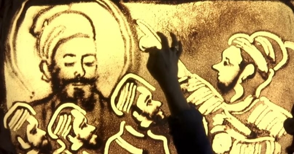 ਸੈਂਡ ਆਰਟਿਸਟ ਵੱਲੋਂ ਦਿੱਤੀ ਗਈ ਪੇਸ਼ਕਾਰੀ ਦਾ ਦ੍ਰਿਸ਼।