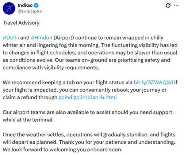 ਇੰਡੀਗੋ ਨੇ ਐਕਸ ਰਾਹੀਂ ਸਲਾਹ ਜਾਰੀ ਕੀਤੀ।