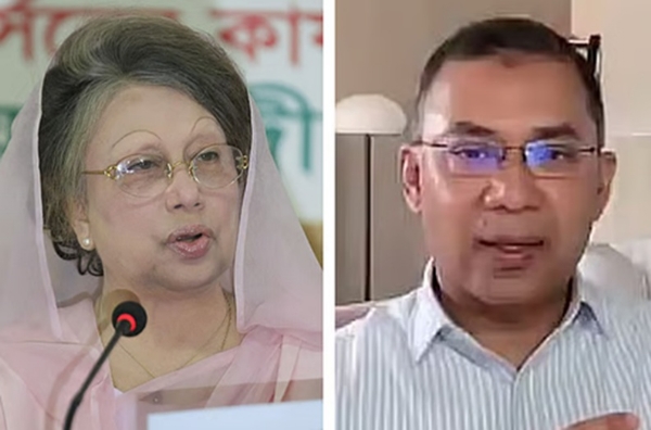 ਬੀਐਨਪੀ ਚੇਅਰਪਰਸਨ ਖਾਲਿਦਾ ਜ਼ਿਆ ਅਤੇ ਕਾਰਜਕਾਰੀ ਚੇਅਰਪਰਸਨ ਤਾਰਿਕ ਰਹਿਮਾਨ (ਖੱਬੇ ਤੋਂ ਸੱਜੇ)। ਤਾਰਿਕ ਲੰਡਨ ਵਿੱਚ ਜਲਾਵਤਨੀ ਵਿੱਚ ਰਹੇ ਹਨ। ਉਹ ਬੇਗਮ ਖਾਲਿਦਾ ਦੇ ਪੁੱਤਰ ਹਨ। ਫੋਟੋ: ਪ੍ਰਥਮ ਆਲੋ