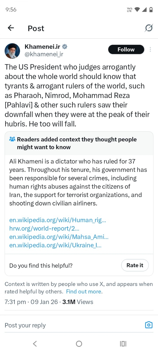 ਖਾਮੇਨੇਈ ਦੀ ਟਰੰਪ ਨੂੰ ਖਰੀ ਖਰੀ