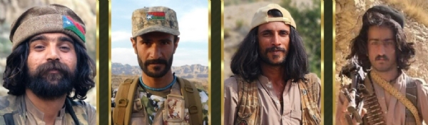 ਬਲੋਚ ਲਿਬਰੇਸ਼ਨ ਆਰਮੀ ਦੇ ਕਮਾਂਡਰ ਸੰਗਤ ਜ਼ੋਹਿਰ ਉਰਫ਼ ਹੱਕ ਨਵਾਜ਼, ਮੰਜ਼ੂਰ ਕੁਰਦ ਉਰਫ਼ ਬਖਤਿਆਰ ਚੀਤਾ, ਸਮੀਉੱਲਾ ਉਰਫ਼ ਜਾਵੇਦ ਫਾਹਲੀਆ, ਅਤੇ ਨਸੀਰ ਅਹਿਮਦ ਉਰਫ਼ ਮਿਰਕ (ਖੱਬੇ ਤੋਂ ਸੱਜੇ)। ਫਾਈਲ ਫੋਟੋ: ਬਲੋਚਿਸਤਾਨ ਪੋਸਟ