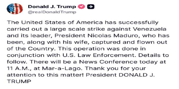 ਵੈਨੇਜ਼ੁਏਲਾ ਵਿਰੁੱਧ ਅਮਰੀਕਾ ਦੀ ਫੌਜੀ ਕਾਰਵਾਈ, ਰਾਸ਼ਟਰਪਤੀ ਮਾਦੁਰੋ ਅਤੇ ਉਨ੍ਹਾਂ ਦੀ ਪਤਨੀ ਨੂੰ ਹਿਰਾਸਤ ’ਚ ਲੈਣ ਦਾ ਦਾਅਵਾ