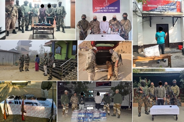 ਮਨੀਪੁਰ ਵਿੱਚ ਗ੍ਰਿਫ਼ਤਾਰ ਦੋ ਅੱਤਵਾਦੀ, ਪੰਜ ਨਸ਼ੀਲੇ ਪਦਾਰਥ ਤਸਕਰ ਅਤੇ ਹਥਿਆਰਾਂ ਦਾ ਜ਼ਖੀਰਾ ।