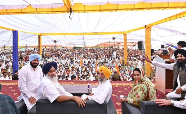 ਸਰਦੂਲਗੜ੍ਹ ਹਲਕੇ ’ਚ ਰੈਲੀ ਦੌਰਾਨ ਸੁਖਬੀਰ ਬਾਦਲ, ਹਰਸਿਮਰਤ ਕੌਰ ਬਾਦਲ ਅਤੇ ਹੋਰ ਆਗੂ।