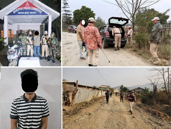ਮਨੀਪੁਰ ਵਿੱਚ ਗ੍ਰਿਫ਼ਤਾਰ ਅੱਤਵਾਦੀਆਂ ਅਤੇ ਤਲਾਸ਼ੀ ਮੁਹਿੰਮ ਚਲਾ ਰਹੇ ਸੁਰੱਖਿਆ ਕਰਮਚਾਰੀਆਂ ਦੀਆਂ ਤਸਵੀਰਾਂ।