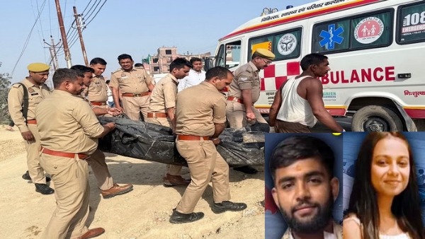 ਪੁਲਿਸ ਮ੍ਰਿਤਕ ਦੇਹ ਨੂੰ ਲਿਜਾਂਦੀ ਹੋਈ ਅਤੇ ਇਨਸੈੱਟ ਵਿੱਚ ਮ੍ਰਿਤਕ ਰਿਸ਼ਭ ਸ਼ਰਮਾ ਅਤੇ ਡਿੰਕੀ ਬਾਂਸਲ ।