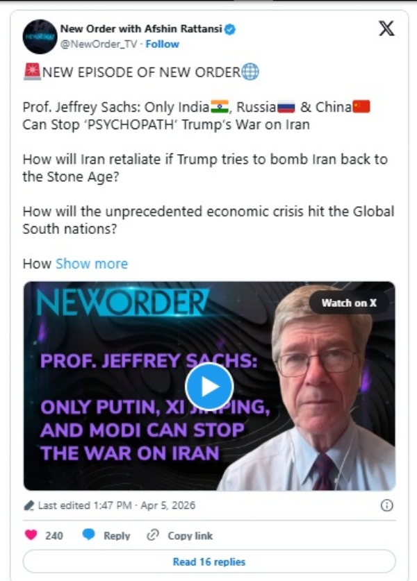 ਪ੍ਰੋਗਰਾਮ ਨਿਊ ਆਰਡਰ ਵਿੱਚ ਅਮਰੀਕੀ ਅਰਥਸ਼ਾਸਤਰੀ ਜੈਫਰੀ ਸਾਸ