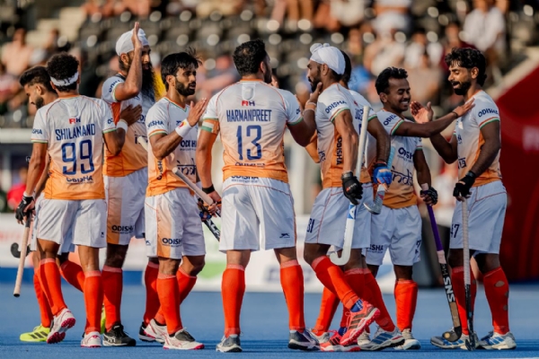 ਗੋਲ ਕਰਨ ਤੋਂ ਬਾਅਦ ਭਾਰਤੀ ਟੀਮ ਜਸ਼ਨ ਮਨਾਉਂਦੀ ਹੋਈ। ਫੋਟੋ: ਐਫਆਈਐਚ